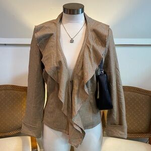 Vintage 90s Tan Plaid Wool Blazer Jacket Ruffle Details, Women's M, Office Chic